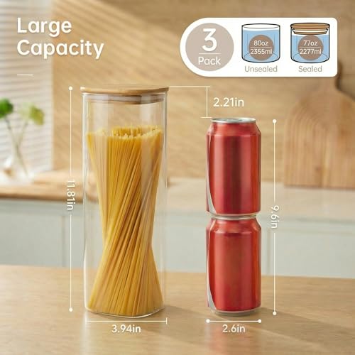HomArtist Square Glass Jars with Bamboo Lids 79 FL OZ [Set of 3], Glass Canisters with Airtight Lid, Glass Food Storage Containers for Spaghetti, Fettuccine, Linguine,Pasta, Best for Kitchen & Pantry - color: Square 79OZ Set-3Pack
