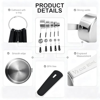 Bopei Measuring Cups and Spoons Set Stainless Steel 10 Piece for Cooking and Baking (5 Cups + 5 Spoons, Black Handle) - color: Black