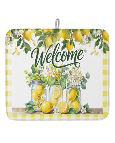 Dish Drying Mat for Kitchen Counter Lemon Mason Jars Drying Pad Absorbent Drying Mats for Countertops Sinks Draining Racks Summer Fruit Flower Plaid Welcome Drainer Kitchen Decor 16x18 Inch - color: Yellow