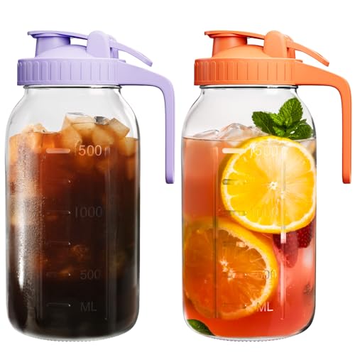 2 Pack Mason Jar Pitcher – Airtight & Leakproof Glass Pitcher with Lid, 2 Quart (64 oz) 1/2 Gallon Mason Jar with Pour Spout Lid, Ideal for Breastmilk, Cold Brew, Sun Tea and Coffee - color: Purple & Orange, size: 64 Ounces