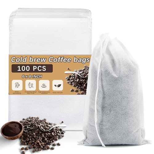 100 Pcs Cold Brew Bags 6x8 inch, No Mess Disposable Cold Brew Coffee Filter Pouches with Drawstring Large Empty Tea Bag for Loose Leaf Tea, Iced Coffee, Herbs, Spice, Home brewing, Hot pot - color: 6 x 8 inch - 100 Pcs