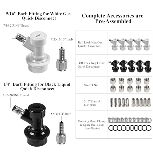 5 Pairs Corny Keg Ball Lock Quick Disconnect Set, Home Brewing Cornelius Keg Parts Ball Lock Keg Fittings with Stainless 5/16'' Gas 1/4'' Beer Barb Swivel Nuts Hose Clamp for Keg Post Coupler