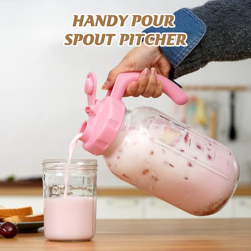 Soligt Glass Mason Jar Pitcher with Lid, Wide Mouth Flip Cap Pour Spout Leak-proof Lid with Handle, 64 oz (2 Quart / 1.9 Liter), for Iced Coffee/Sun Tea Juice/Cold Brew Coffee/Milk (1Pack, Taffy Pink) - color: Taffy Pink
