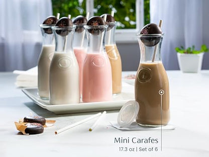 Glass Carafe Pitchers, by Kook, Mini Carafes- set of 6, Beverage Dispensers, Clear Jugs For Mimosas, Water, Wine, Milk and Juice, with Plastic Lids, Dishwasher Safe 17.3 oz - color: Set of 6, 17 oz (Mini)