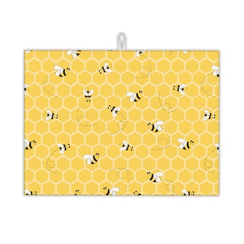 Yellow Bees Dish Drying Rack Mats Decor,Honey Honeycombs Dish Pad Drying Mat Kitchen Counter 18x24 Inch Absorbent Reversible Microfiber for Coffee Bar Sink Countertop - color: Yellow Bees Honey Honeycombs