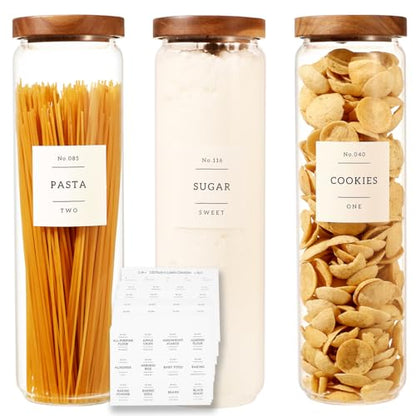 3 Pack Glass Canisters with Airtight Acacia Lids and 132 Kitchen Pantey Labels Preprint - 51 Fl Oz Borosilicate Glass Pantry Storage Jars Containers with Wooden Lids for Pasta,Spaghetti,Cereal,Noodles - size: 51oz-3 Pack