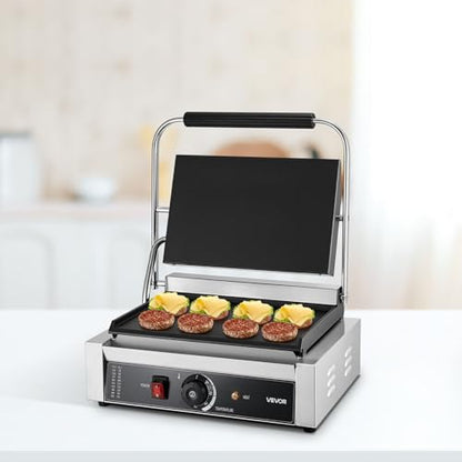 VEVOR Commercial Panini Grill, 1800W Electric Sandwich Panini Maker, Stainless Steel Sandwichs Press Grill with Handle and Temp Control, 13.5x9.3 in Full Flat Enamel Plate, for Hamburger Steak Bacon