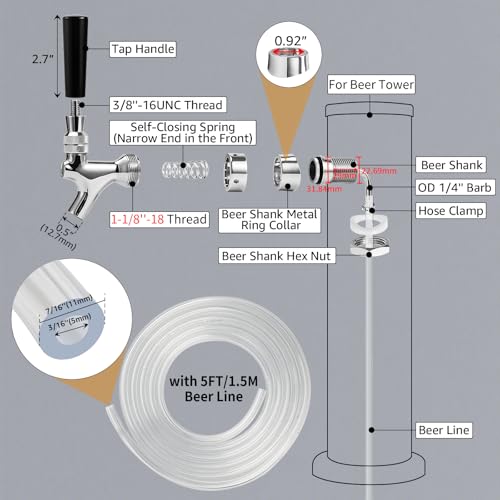 5FT PVC Beer Line & Stainless Beer Tower Faucet Beer Shank Kit, Self-Closing Beer Faucet Kegerator Tower Faucet Replacement Parts with 3/16'' ID Kegerator Line Beer Tap Cleaning Brush Cover Wrench Kit