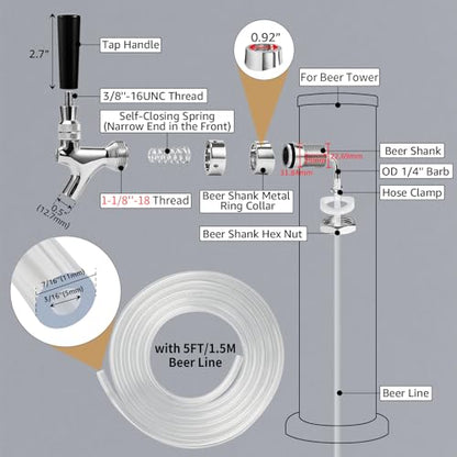 5FT PVC Beer Line & Stainless Beer Tower Faucet Beer Shank Kit, Self-Closing Beer Faucet Kegerator Tower Faucet Replacement Parts with 3/16'' ID Kegerator Line Beer Tap Cleaning Brush Cover Wrench Kit