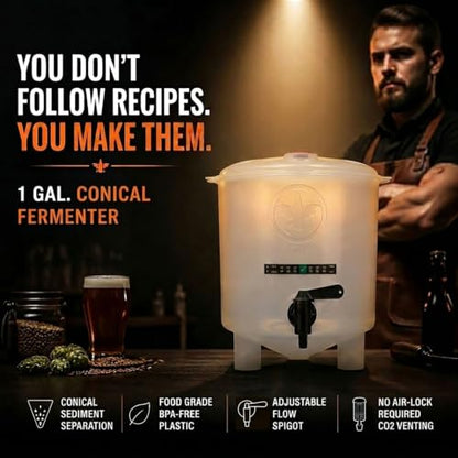 Craft Beer Making Kit Plus Bottles - Our Conical Fermenter Eliminates Sediment and Makes Bottling a Snap - 1 Gal. Recipe Included