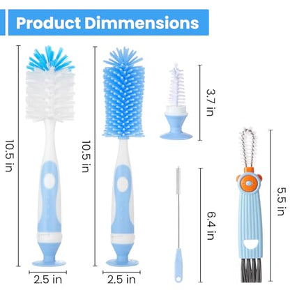 Ariseno 5-in-1 Baby Bottle Brush Set, Including Nylon and Silicone Bottle Brush, Bottle Cap, Straw and Nipple Cleaner, BPA-Free (Blue) - color: Blue-nylon Silicone