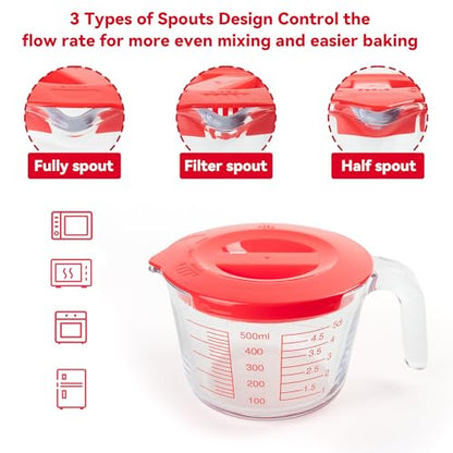 6 Pcs Glass Measuring Cups Set with Lids (Strainer Included) - 1-Cup/2-Cup/4-Cup Nesting Jugs with Easy-Grip Handles, Kitchen Liquid Measuring