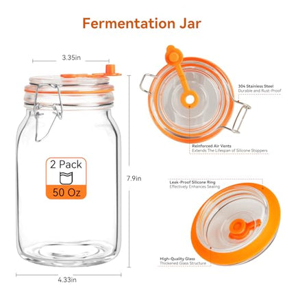 50 Oz Glass Fermentation Jars Kit - 2 Pack Kimchi Wide Mouth Fermenting Container with Airlocks, Sauerkraut Fermenter Making Set for Pickling Canning Sauce, Includes Recipes - size: 2 Pack 50 Oz