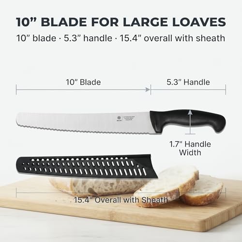 10-Inch Serrated Bread Knife with Sheath for Sourdough, German Steel | 1.4116 stainless steel blade for homemade and artisan loaves with Cover, Black