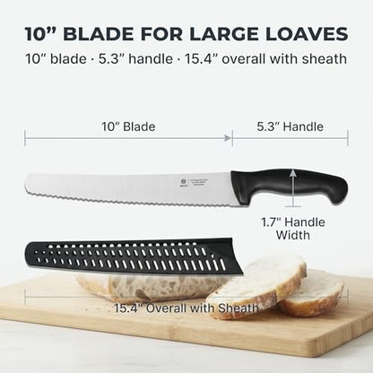 10-Inch Serrated Bread Knife with Sheath for Sourdough, German Steel | 1.4116 stainless steel blade for homemade and artisan loaves with Cover, Black