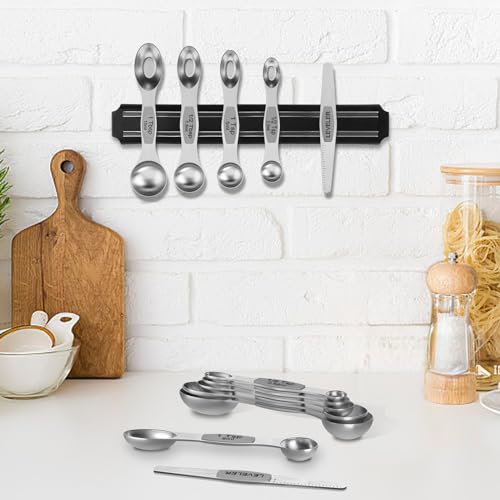 Wildone Measuring Cups and Magnetic Measuring Spoons Set, 16Pcs | 8 Stainless Measuring Cups, 7 Double-sided Magnetic Measuring Spoons & Leveler for Spice Jar and Liquid Measuring, Gray - color: Gray