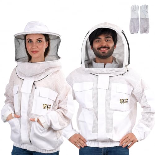 3 Layer Ventilated Sting Proof Bee Jacket for Men & Women, Premium Beekeeping Jacket with Gloves & Two Beekeeper Veils. (White J/L) - color: White, size: Large