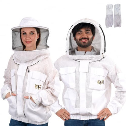 3 Layer Ventilated Sting Proof Bee Jacket for Men & Women, Premium Beekeeping Jacket with Gloves & Two Beekeeper Veils. (White J/3XL) - color: White, size: 3X-Large