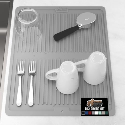 GORILLA GRIP 100% BPA-Free Patented Silicone Dish Drying Mat for Kitchen Counter, 18x16 Inch, Water Catching Ribbed Design, Easy Clean Waterproof Sink Liner, Heat Resistant, Fits Under Rack, Gray - color: Gray, size: 18" x 16", style: Silicone