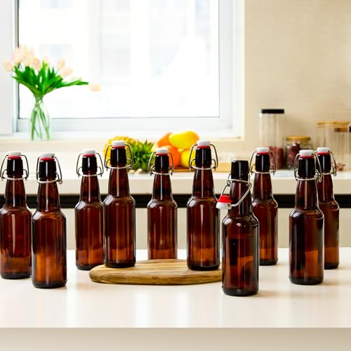 12oz Amber Glass Beer Bottles with Flip Top Airtight Lids, 10 Pack Swinging Top Home Brewing Bottles for Kombucha, Vanilla Extract, Kefir, Juice, Wine, Fermentation