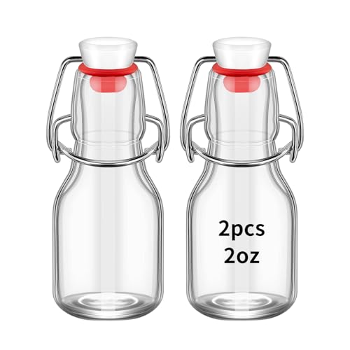 2Pcs Swing Top Small Glass Bottles 2 oz With Flip Airtight Lids for Home Brewing, Beverages, Oil, Vinegar, Water, Soda,Limoncello, Homemade liquor, vanilla (Red cap) - color: Red cap