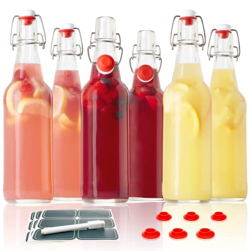 Otis Classic Glass Bottles with Caps - Set of 6 Clear Swing Top Glass Bottles w/Ceramic Lids for Storing Kombucha, Liquor, Syrup, Wine, Kefir & Beer - Bonus Marker & Labels Included, 16oz | Clear Bottle, Includes Marker & Labels, For Juice, Water, Kombuch