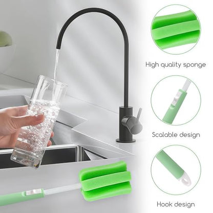 3PCS Adjustable Sponge Cleaning Brush Long Handle Bottle Scrubber Soft for Coffee Glasses Pot Milk Cup Mugs Winebottle Baby Narrow Neck Bottles Random Color