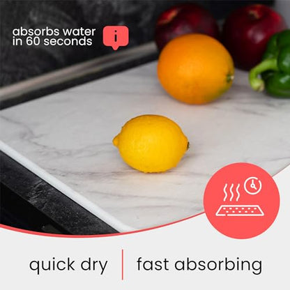 Stone Drying Mat for Kitchen Counter – Diatomaceous Earth Dish Drying Stone (White Marble) – Modern Countertop Drying Rack – Water Absorbent, Heat Resistant, Non-Slip Kitchen Mat with Towel (16"x12")
