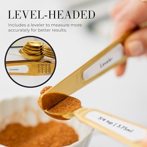 White and Gold Measuring Spoons with Leveler - Featuring 8PC Upgraded Style, Dual-Sided, Stackable, Stainless Magnetic Measuring Spoons Set - Fits in Spice Jars, White and Gold Kitchen Accessories - color: White & Gold