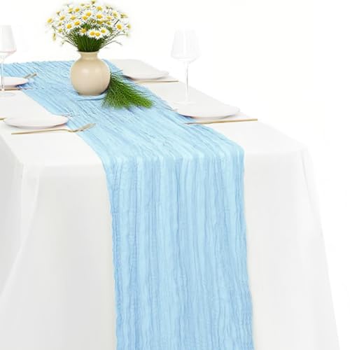 Baby Blue Cheesecloth Table Runner -21*120Inch Long Boho Wedding Table Decor, Rustic Gauze Fabric Runner for Bridal Showers, Baby Showers & Parties (Sheer, Lightweight, Wrinkled Design) - color: Baby Blue, size: 120*21-1pack