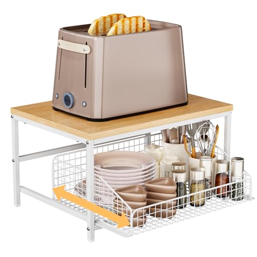KLM Pull Out Spice Rack Organizer for Cabinet,Rustic Wood Top with Wire Basket Storage,Kitchen Countertop Organizer and Storage for Pantry, Counter top,Coffee Station Wood. (Natural) - color: Natural