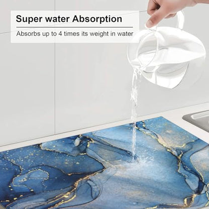 Marble Dish Drying Mat for Kitchen Counter Blue Gold Marble Drying Mat 18 x 24 Inch, Super Absorbent Reversible Microfiber Dish Drying Pad Dish Rack Pad Drainer Mat for Coffee Bar - color: Blue Gold Marble