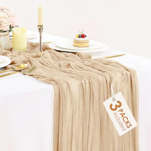 3 Pack Champagne Table Runner Summer Boho Cheesecloth Table Runner Gauze Table Cloth 120 inches Long Table Decor for Wedding Engagement Party Baby Shower Birthday Decor - color: Champagne, size: 10ft x 3pcs