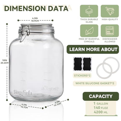 novelinks 2 Pack 1 Gallon Square Super Wide Mouth Glass Storage Jars with Airtight Glass Lids, Mason Jars with Stainless Steel Handle,Clear Glass Storage Container for Fermenting, Pickling, Canning - color: Glass Lid