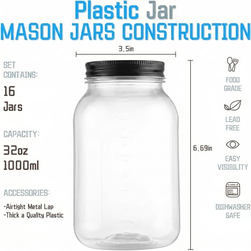 novelinks 32 oz Clear Plastic Jars with Lids and Plastic Mason Jars 32 oz | 16 Pack, Black, Plastic Quart Containers with Lids, Quart Mason Jars Bulk, Large Jars, Mason Jars for Centerpieces - color: Black 16Pack