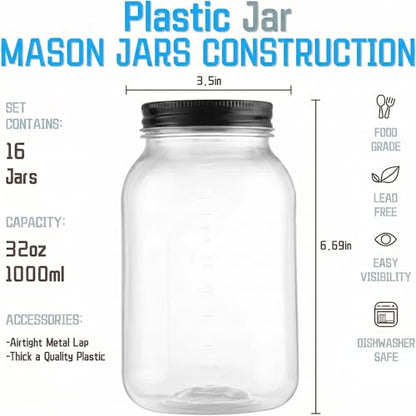 novelinks 32 oz Clear Plastic Jars with Lids and Plastic Mason Jars 32 oz | 16 Pack, Black, Plastic Quart Containers with Lids, Quart Mason Jars Bulk, Large Jars, Mason Jars for Centerpieces - color: Black 16Pack