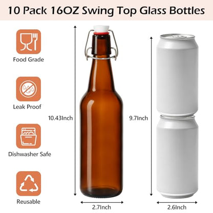 KEYWING 16oz Amber Swing Top Glass Bottles with Stoppers, 10 Pack Airtight Flip Top Bottles for Kombucha, Fermentation, Beer, Vanilla Extract, Soda, Mead, Cider, Kefir & Home Brewing - size: 16oz 10 pack