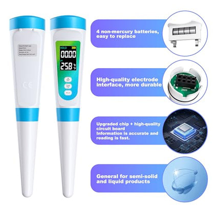 Food pH Meter for Semi-Solid & Liquid Foods, Food-Contact-Safe Housing, ±0.01 Accuracy, ATC, Waterproof, Color LCD, 3 Calibration Solutions Included