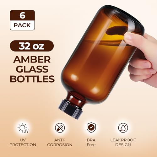 6 Pack 32 oz Amber Glass Bottles with Lids, Boston Round Glass Bottles with Black Caps for Secondary Kombucha Fermentation and Lab Chemicals