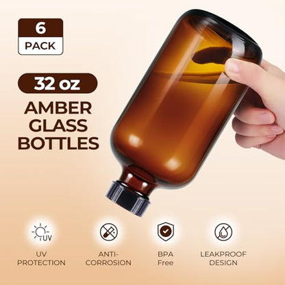 6 Pack 32 oz Amber Glass Bottles with Lids, Boston Round Glass Bottles with Black Caps for Secondary Kombucha Fermentation and Lab Chemicals