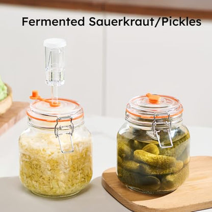 JILLMO 1 Liter Fermentation Jar, Square Glass Fermenting Kit for Making Sauerkraut, Hot Sauce, Mead, Cider and More, Pack of 2