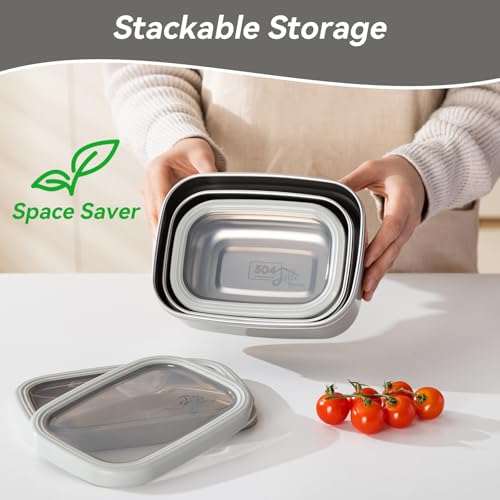 Lille Home Leak Proof Salad Container Stainless for Lunch - Snack Containers Steel - Ideal for Educational Settings & Daycare - Nesting Trio with Silicone Lids - 47oz+30oz+16oz - Grey - color: grey