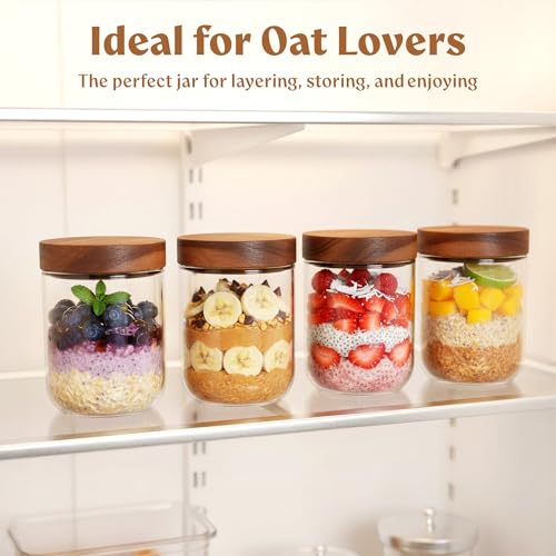 EDELHAUS Overnight Oats Containers with Lids Acacia (4 x 16oz) Glass Jars for Oatmeal, Meal Prep, Food Storage | Leak-Proof Mason Jars for Oats, Cereal, Yogurt, Chia Pudding [Thicker Glass 3mm] - color: Acacia Lid no Spoons