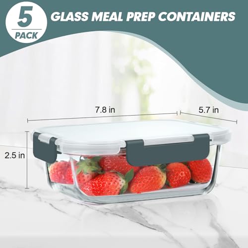KOMUEE 30 oz 5 Pack Glass Meal Prep Containers, Glass Storage Containers with Lids - Dishwahser, Microwave, Oven and Freezer Safe, Green - color: Green