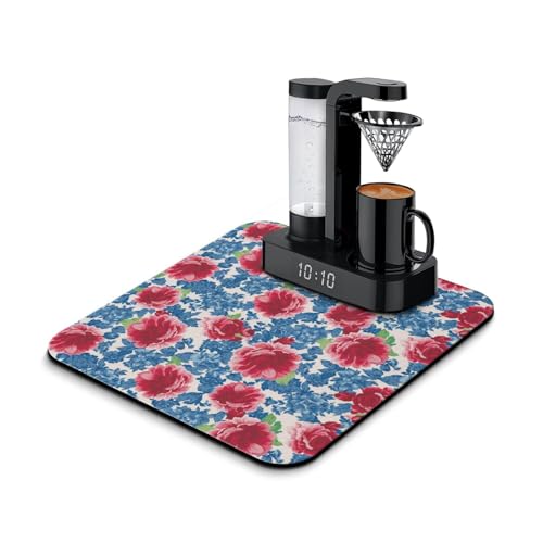 Washable Non-Slip Pioneer Flower Dish Drying Mats,Super Absorbent Quick Drying Mat For Kitchen Counter Home Large Coffee Bar Pad Accessories And Decor 23.5''x15.5'' (Blue Red Flower, 23.5*15.5) - color: Blue Red Flower, size: 23.5" x 23.5"