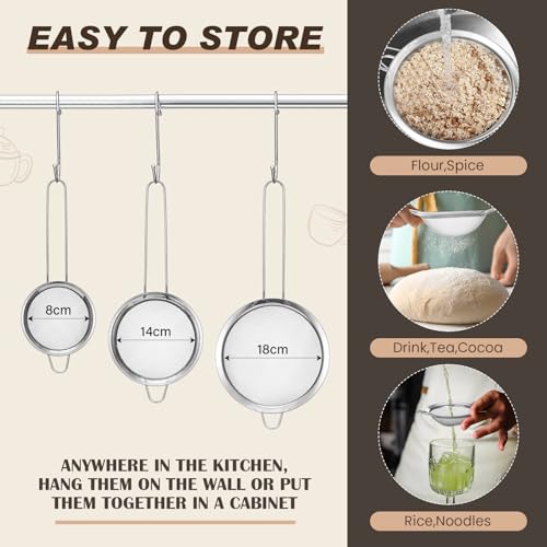 Norme 5 Quart Stainless Steel Silver Colander and 3 Pcs Silver Fine Mesh Strainer, Stainless Steel Pasta Rice Food Metal Strainer with Handles, Easy Clean and Dishwasher Safe - color: Silver, size: 5 Quart