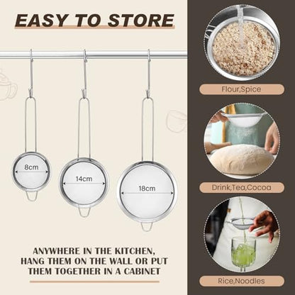 Norme 5 Quart Stainless Steel Silver Colander and 3 Pcs Silver Fine Mesh Strainer, Stainless Steel Pasta Rice Food Metal Strainer with Handles, Easy Clean and Dishwasher Safe - color: Silver, size: 5 Quart