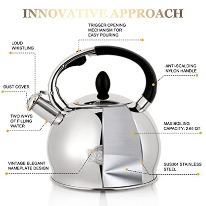 SUSTEAS Stove Top Whistling Tea Kettle - Food Grade Stainless Steel Teakettle Teapot with Cool Touch Ergonomic Handle, With 1 Silicone Pinch Mitt Included,2.64 Quart(SILVER) - color: Silver