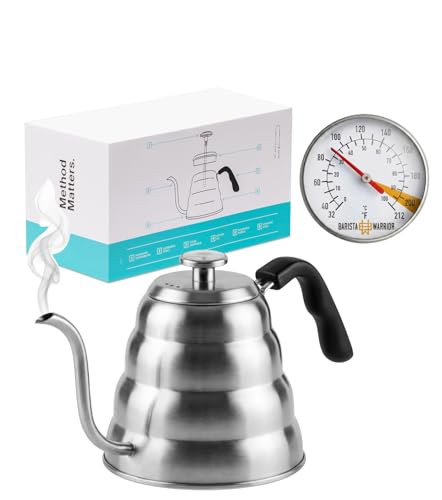 Barista Warrior Gooseneck Kettle with Thermometer - 1.2L Pour Over Coffee & Tea Kettle, 18/8 Stainless Steel Gooseneck Kettle Pot, Precision Pour Drip Spout, Suitable for All-Stoves (40 fl oz) - color: Stainless Steel (Silver), size: 1.2L