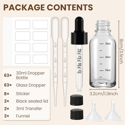 UPBUD 63 Pcs 1oz Clear Glass Dropper Bottles with Measurement, 30ml Leakproof Tincture Bottles with Funnels, Eye Droppers, Extra Caps & Labels, Refillable Empty Bottle for Tinctures, Essential Oils - color: Clear-1oz, size: 1oz